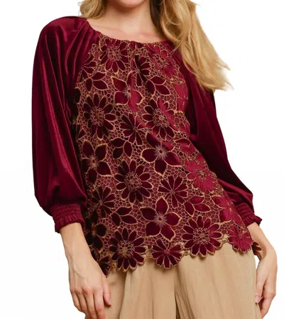 Umgee Velvet Blossom Blouse In Burgundy In Transparent