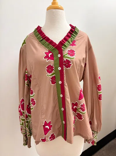 Umgee Women's Floral Long Sleeve Shirt In Tan W/ Magenta In Brown