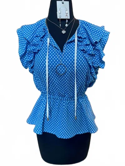 Umgee Women's Ruffle Sleeve Peplum Stretch Waist Top In Azure In Blue