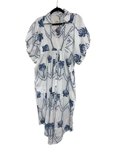 Umgee Women's V Neck Collared Midi Dress In White With Blue Palm Trees