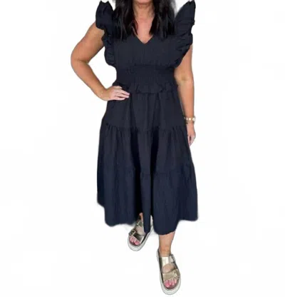 Umgee Women's V Neck Ruffle Midi Dress In Black In Blue