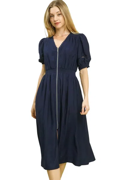 Umgee Zip Front Smocked Waist Midi Dress In Navy In Blue