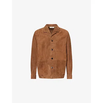 Umit Benan Mens Caramel Santiago Notch-collar Suede Overshirt In Brown