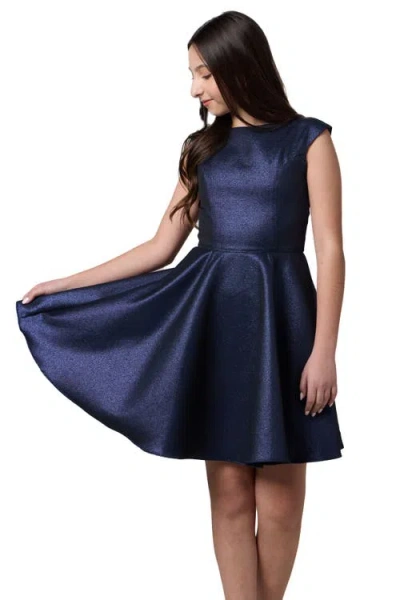 Un Deux Trois Kids'  Cap Sleeve Boat Neck Dress In Longer Length In Blue