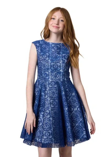 Un Deux Trois Kids'  Cap Sleeve Boat Neck Lace Dress In Longer Length In Blue