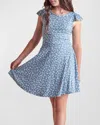 Un Deux Trois Girl's Flutter Short-sleeve Dress In Blue Floral