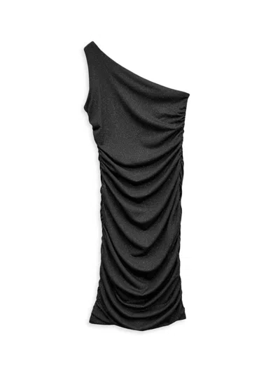 Un Deux Trois Girl's One-shoulder Ruched Dress In Black Glitter