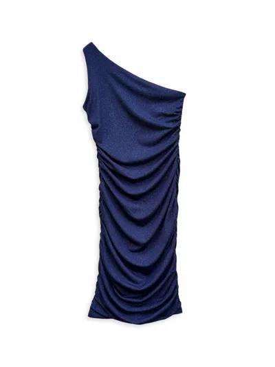 Un Deux Trois Girl's One-shoulder Ruched Dress In Navy Glitter