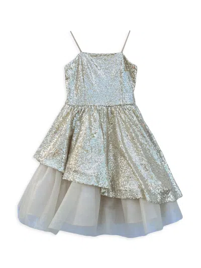 Un Deux Trois Girl's Peek-a-boo Sequin Dress In Gold