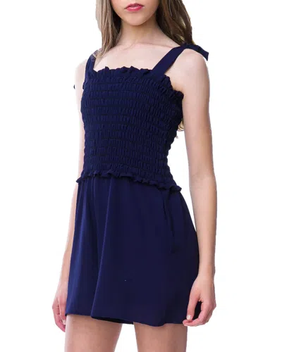 Un Deux Trois Kids' Girl's Smocked Romper W/ Knotted Straps In Navy