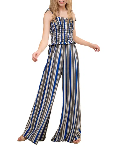 Un Deux Trois Kids' Girl's Smocked Wide-leg Jumpsuit W/ Knotted Straps In Stripe