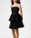 Un Deux Trois Kids' Girl's Tiered Dress W/ Embellished Belt In Black