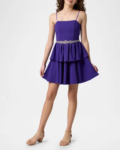 Un Deux Trois Kids' Girl's Tiered Dress W/ Embellished Belt In Purple