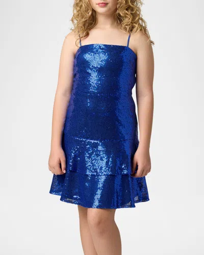 Un Deux Trois Kids' Girl's Tiered Sequin Dress W/ Bow In Blue