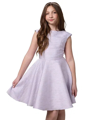 Un Deux Trois Girls' Cap Sleeve Boat Neck Dress In Longer Length - Big Kid In Purple