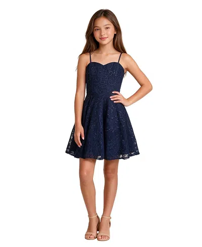 Un Deux Trois Girls' Fit And Flare Sequin Lacey Lace-up Back Dress - Big Kid In Blue