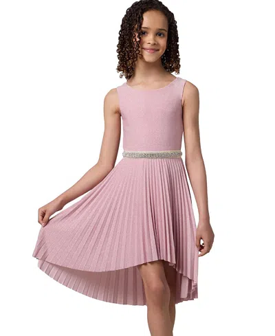 Un Deux Trois Kids'  Glitter Pleated High Low Dress With Belt In Pink