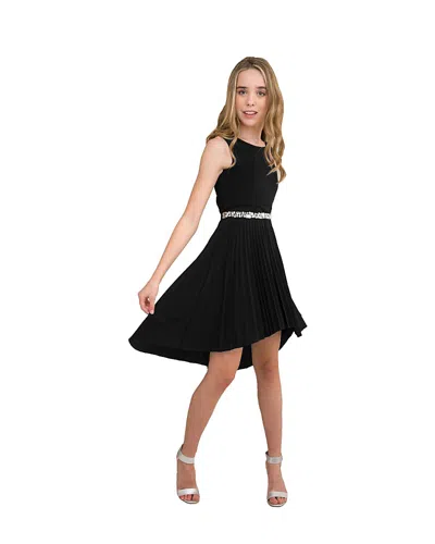 Un Deux Trois Girls' Pleated High Low Dress With Belt - Big Kid In Black