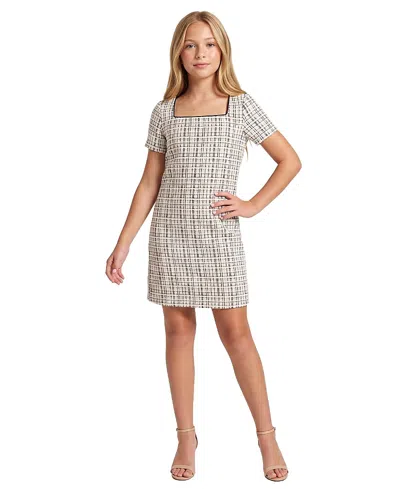 Un Deux Trois Girls' Short Sleeve Boucle Dress - Big Kid In White