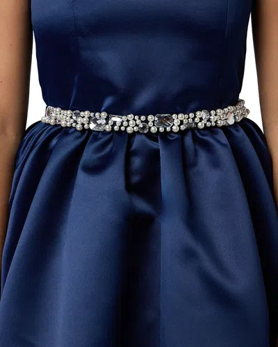 Un Deux Trois Girls' Stretchy Pearl And Gem Belt - Big Kid In Blue