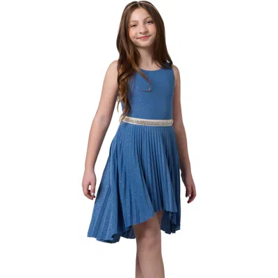 Un Deux Trois Kids'  Glitter Pleated High Low Dress With Belt In Blue