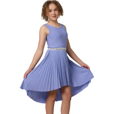 Un Deux Trois Kids'  Glitter Pleated High Low Dress With Belt In Blue