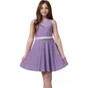 Un Deux Trois Glitter Stretch Racerback Dress With Belt In Purple