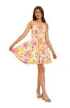 Un Deux Trois Kids' Fit & Flare Skater Dress In Yellow/ Pink Floral