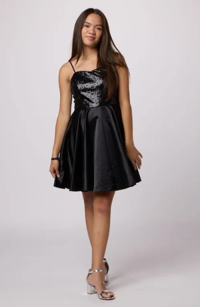 Un Deux Trois Kids' Sequin & Satin Fit & Flare Dress In Black