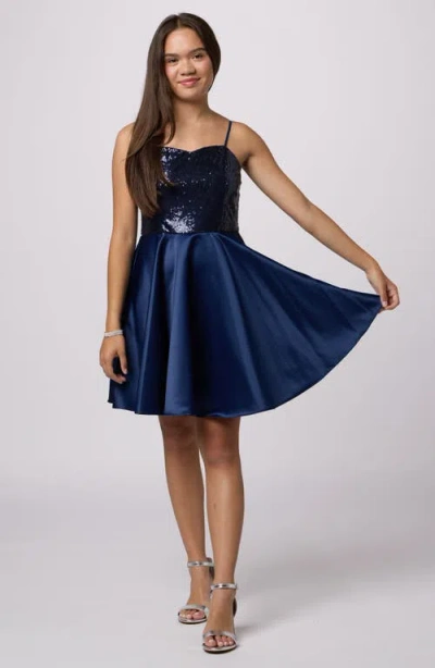 Un Deux Trois Kids' Girl's Sequin & Satin Combo Dress In Navy