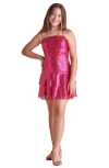 Un Deux Trois Kids' Girl's Tiered Sequin Dress W/ Bow In Fuchsia
