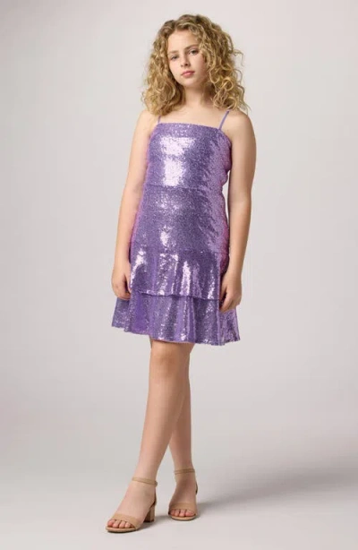 Un Deux Trois Kids' Girl's Tiered Sequin Dress W/ Bow In Lilac