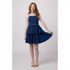 Un Deux Trois Girl's Tiered Dress W/ Embellished Belt In Navy