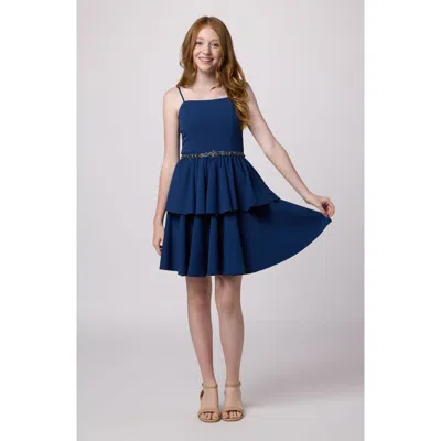 Un Deux Trois Kids' Girl's Tiered Dress W/ Embellished Belt In Navy
