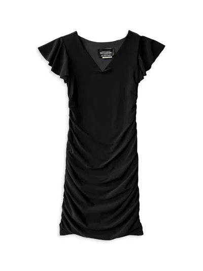 Un Deux Trois Kids' Girl's Fitted Ruched Dress In Black