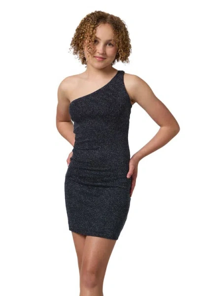 Un Deux Trois Kids'  One Shoulder Mini Glitter Dress In Blue