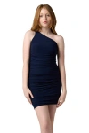 Un Deux Trois One Shoulder Ruched Dress In Navy