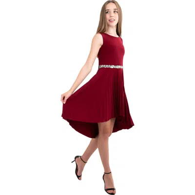 Un Deux Trois Kids'  Pleated High Low Dress With Belt In Red
