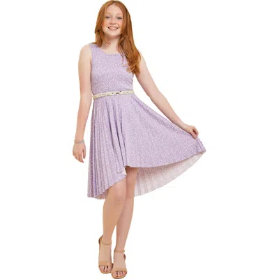 Un Deux Trois Kids'  Pleated High Low Dress With Belt In Purple