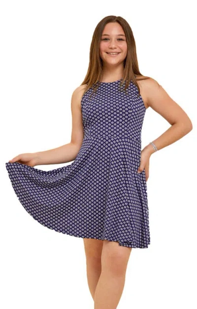 Un Deux Trois Kids'  Printed Textured Racerback Dress In Blue