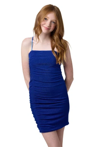 Un Deux Trois Kids'  Ruched Sleeveless Glitter Dress In Blue