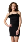 Un Deux Trois Girl's Fitted Faux Feather Trim Dress In Black