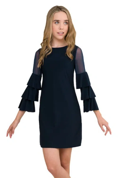 Un Deux Trois Kids'  Tiered Sleeeve Dress In Navy