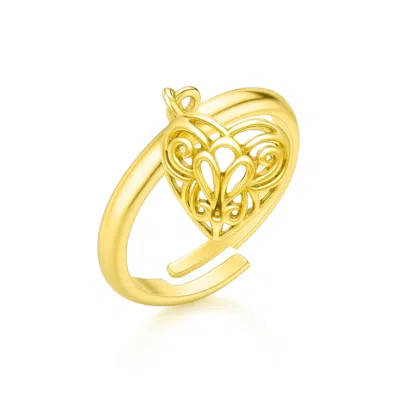 Unaloe Adjustable Ring With Dangling Heart In Sterling Silver With Gold Plated -  Handmade Ring For W