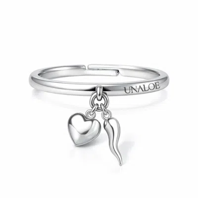 Unaloe Adjustable Sterling Silver Heart & Italian Horn Ring – Lucky Charm Protection Ring For Women In Metallic