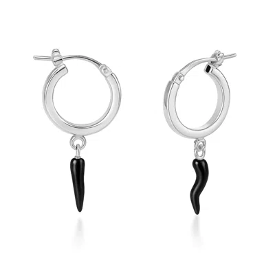Unaloe Black / Silver Sterling Silver Hoop Earrings With Black Horn Pendant – Protective Italian Talisman J