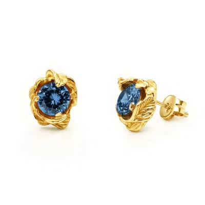 Unaloe Blue / Gold Gold Plated  Stud Earrings With Royal Blue Zirconia – Elegant Floral Earrings For Women  In Multi