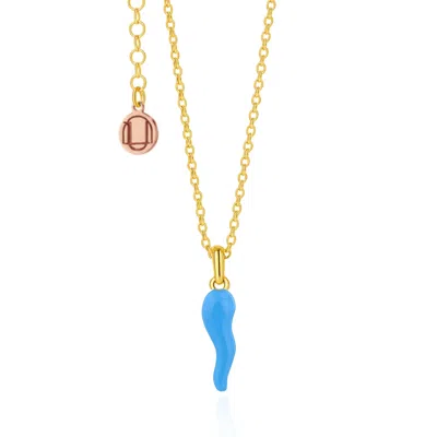 Unaloe Blue / Gold Men's Blue Enamel Cornicello Necklace – Italian Horn Pendant In Gold Plated In Blue/gold