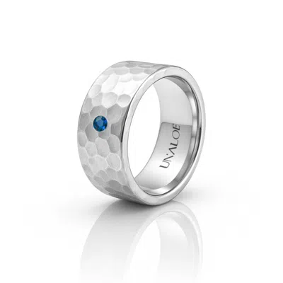 Unaloe Blue / Silver Sterling Silver Hammered Band Ring With Sapphire – Gift For His Fine Minimalist Statem In Blue/silver
