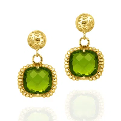 Unaloe Gold / Green Gold Plated Green Crystal Drop Earrings With Ornamental Engraved Design Jewelry For Wom In Multi